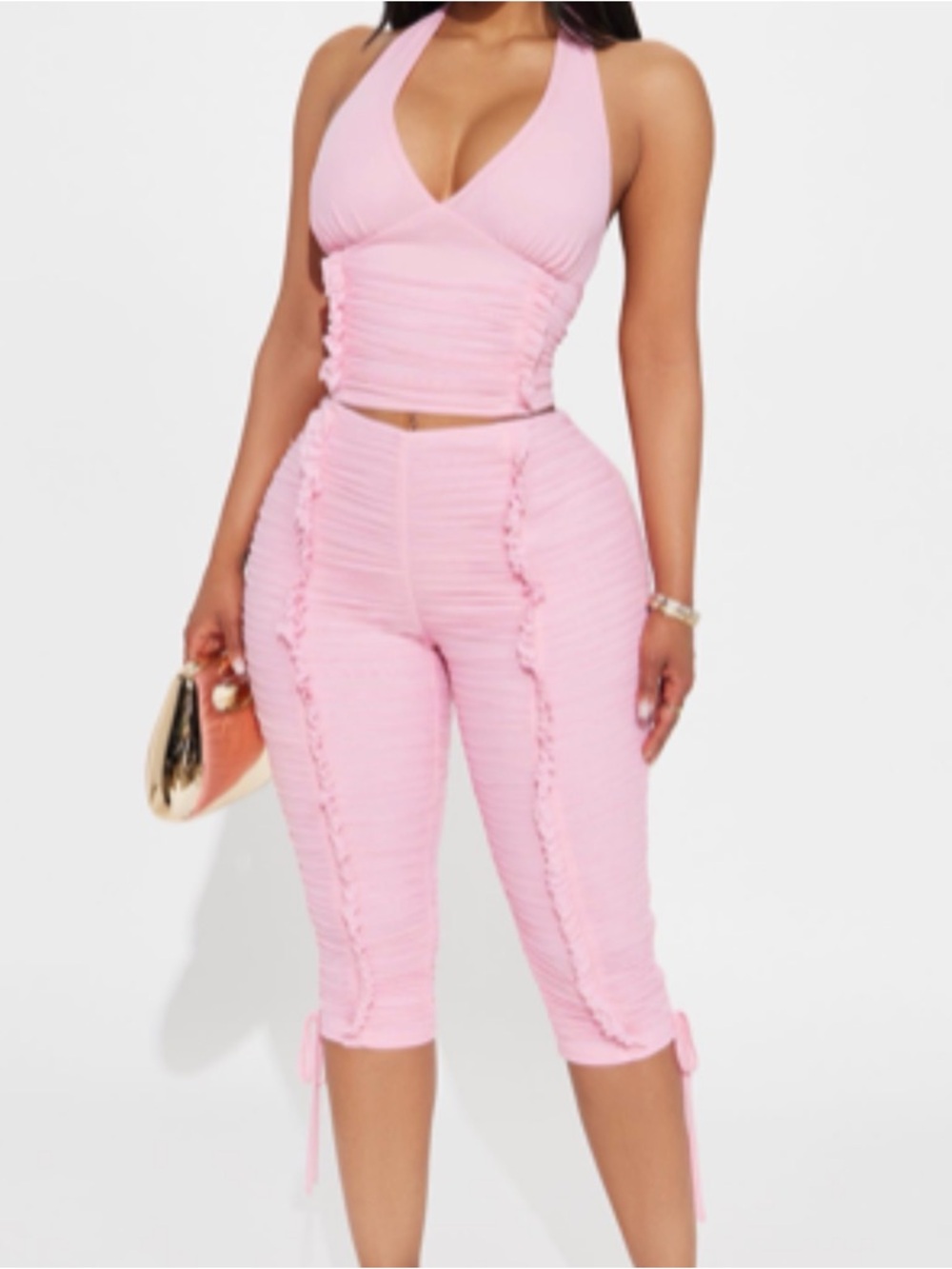 Fashion Nova Pink Ruched Halter Crop Top & Capri Set